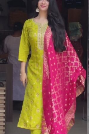 Ethnic Motifs Embroidered Notch Neck Zari Work Kurta With Salwar & Dupatta