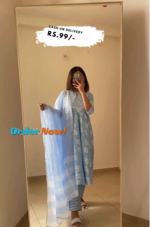 Blue Printed Cotton Anarkali Kurta With Dupatta