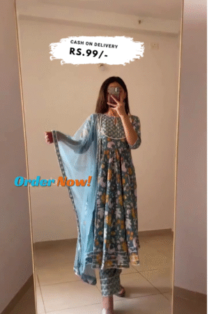 Grey Yoke Design Cotton Anarkali Kurta With Trousers & Dupatta