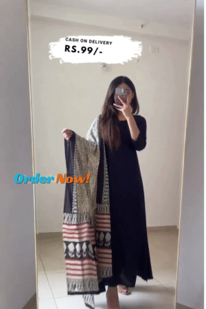 Black Rayon Solid Kurta With Dupatta