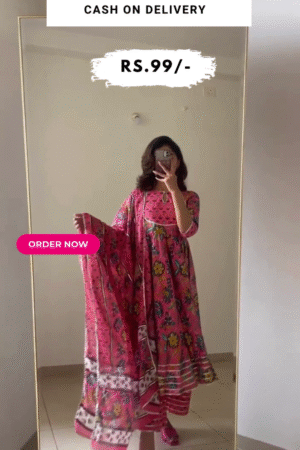 Pink Printed Cotton Anarkali Kurta With Palazzos & Dupatta