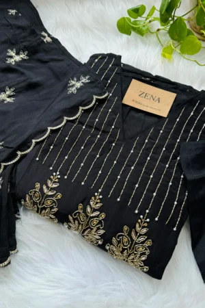 Mul Chanderi Handwork Anarkali Kurti Set – Regal Elegance - Black Color