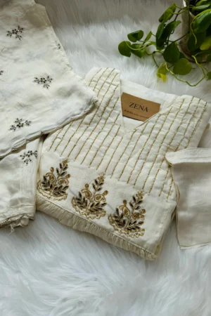 Mul Chanderi Handwork Anarkali Kurti Set – Regal Elegance - White Color