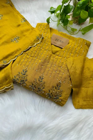 Mul Chanderi Handwork Anarkali Kurti Set – Regal Elegance - Yellow Color