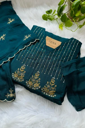 Mul Chanderi Handwork Anarkali Kurti Set – Regal Elegance - peacock blue Color