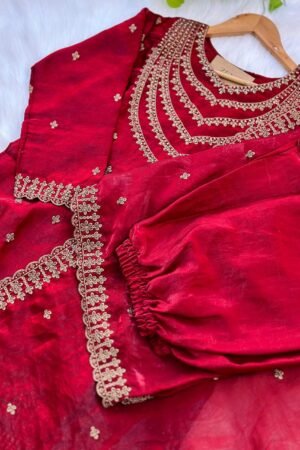 Ready to Wear Red Shimmer Silk Party Wear Suit – Dazzle with Elegance