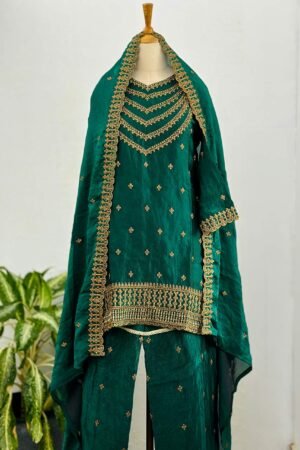 Ready to Wear Green Shimmer Silk Party Wear Suit – Dazzle with Elegance