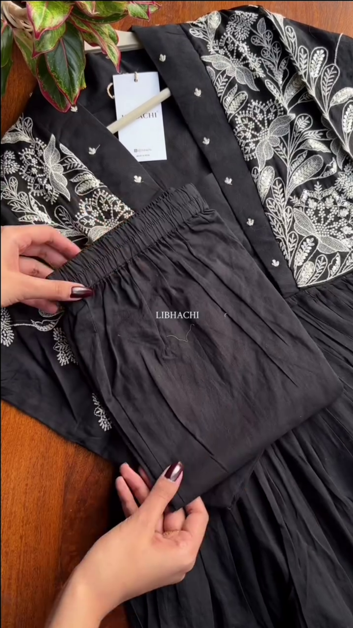 Women Black Embroidered Work Pure Cotton Kurta Set With Dupatta - Image 2