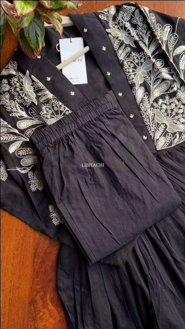 Women Black Embroidered Work Pure Cotton Kurta Set With Dupatta - Image 3