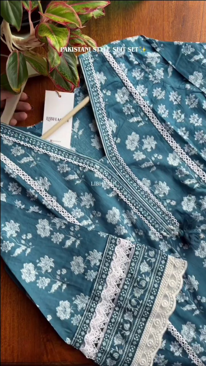 Cotton Kurta Set with Moti & Lace Embellishments - Blue