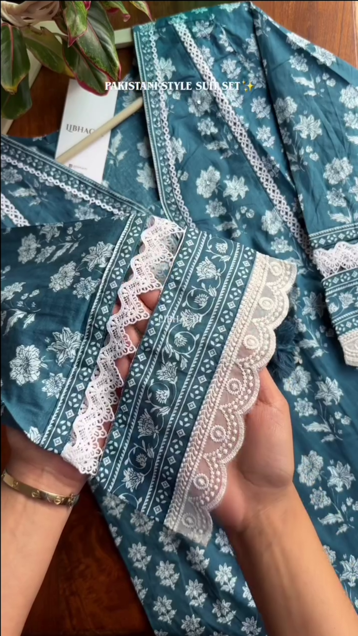Cotton Kurta Set with Moti & Lace Embellishments - Blue - Image 2