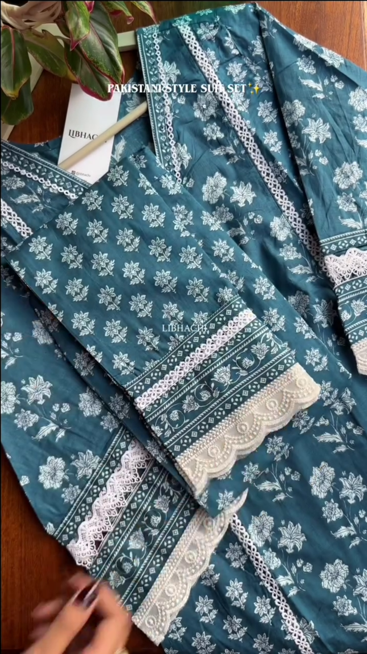Cotton Kurta Set with Moti & Lace Embellishments - Blue - Image 3