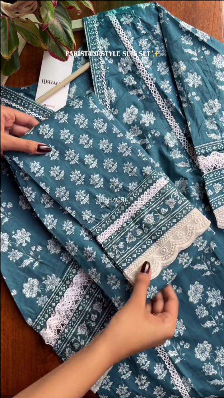 Cotton Kurta Set with Moti & Lace Embellishments - Blue - Image 4