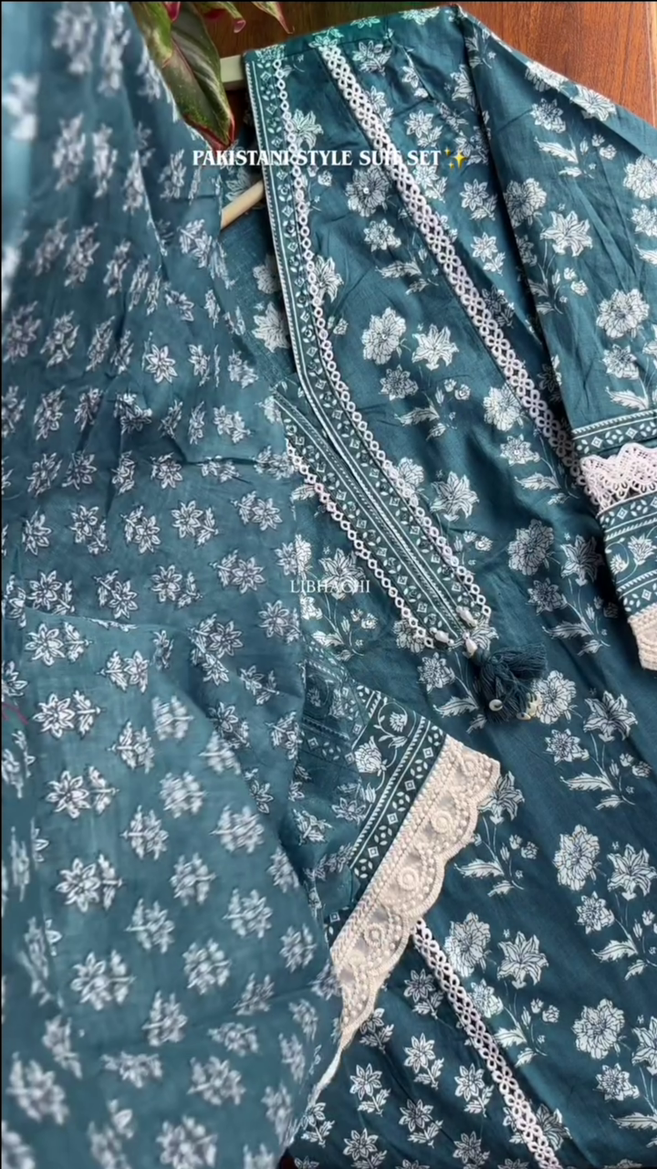 Cotton Kurta Set with Moti & Lace Embellishments - Blue - Image 5