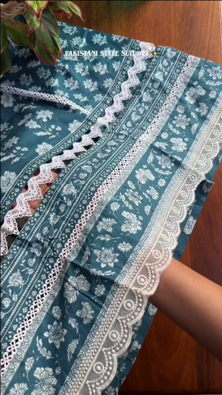 Cotton Kurta Set with Moti & Lace Embellishments - Blue - Image 6