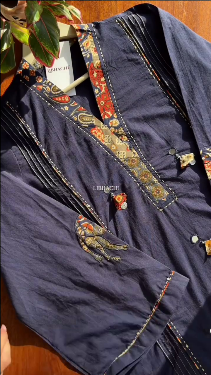 Women Mirror Work Pure Cotton Kurta With Trouser - Blue - Image 2