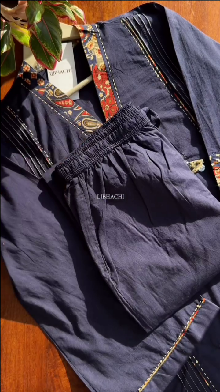 Women Mirror Work Pure Cotton Kurta With Trouser - Blue - Image 3