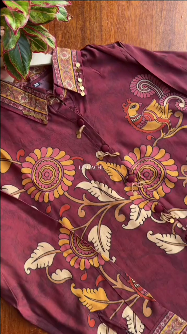 Maroon Cotton Short Kurta With Bold Yellow Floral Block Prints