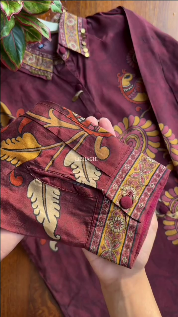 Maroon Cotton Short Kurta With Bold Yellow Floral Block Prints - Image 2