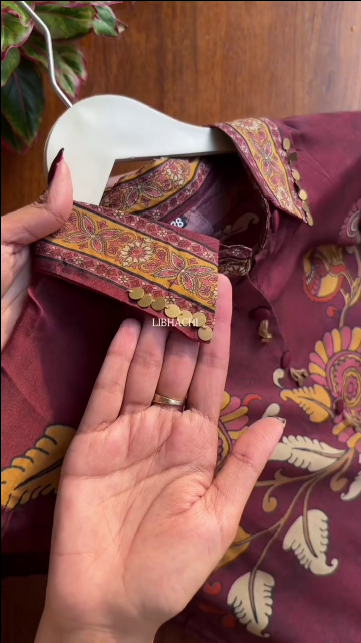 Maroon Cotton Short Kurta With Bold Yellow Floral Block Prints - Image 3