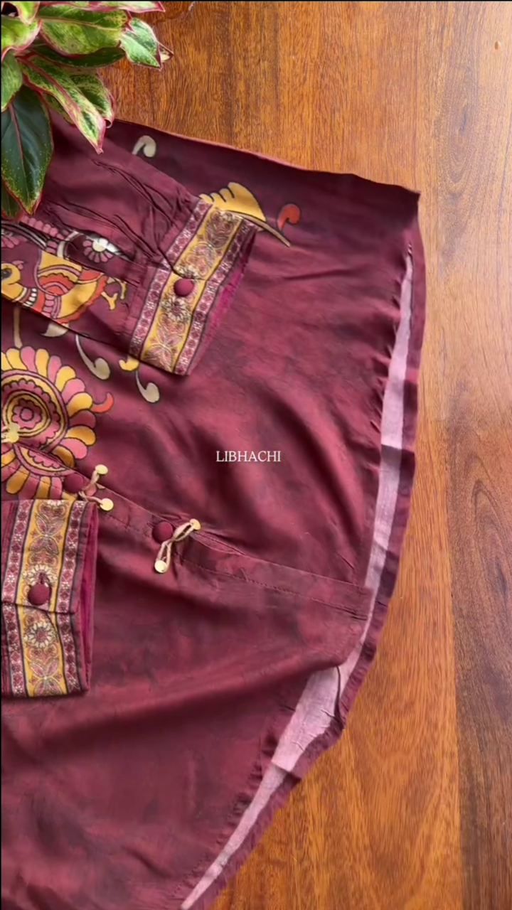 Maroon Cotton Short Kurta With Bold Yellow Floral Block Prints - Image 4