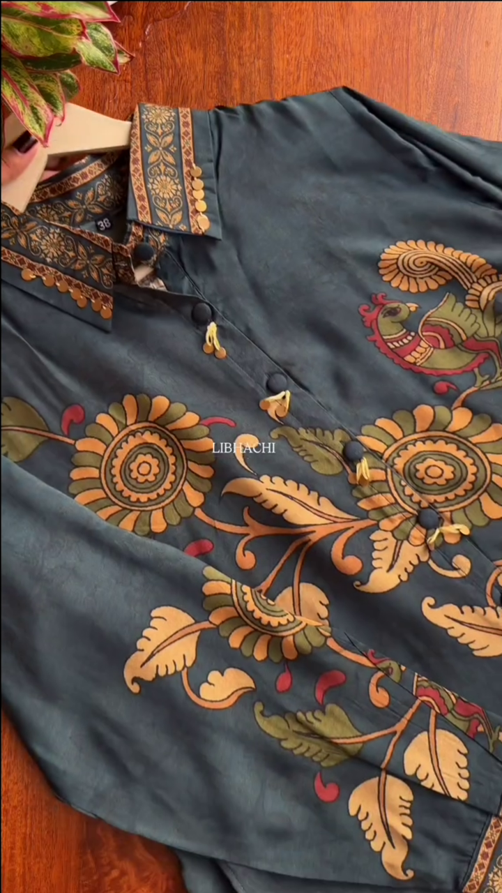 Blue Cotton Short Kurta With Bold Yellow Floral Block Prints