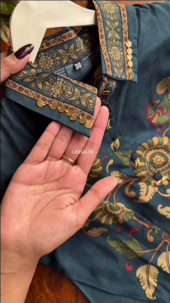 Blue Cotton Short Kurta With Bold Yellow Floral Block Prints - Image 2